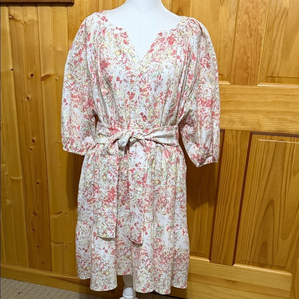Wonderly Pastel Floral Cottagecore Midi Dress with Sash, Plus Size 1X.